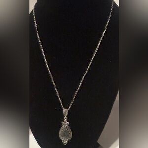 Elegant Silver Necklace With Abalone and Black Crystal Pendant